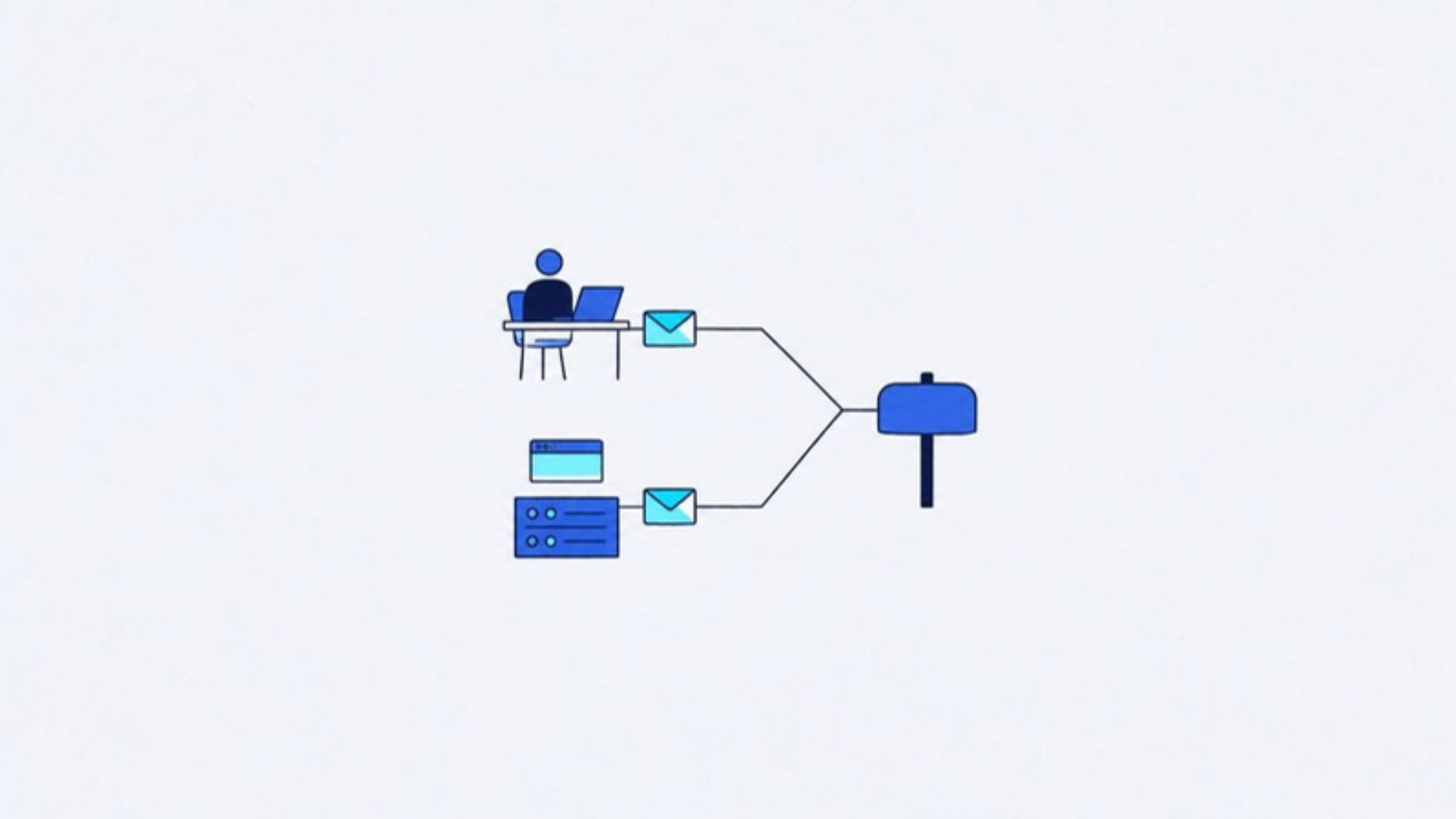 Illustration: a person at a laptop and a server, both sending mail under one domain