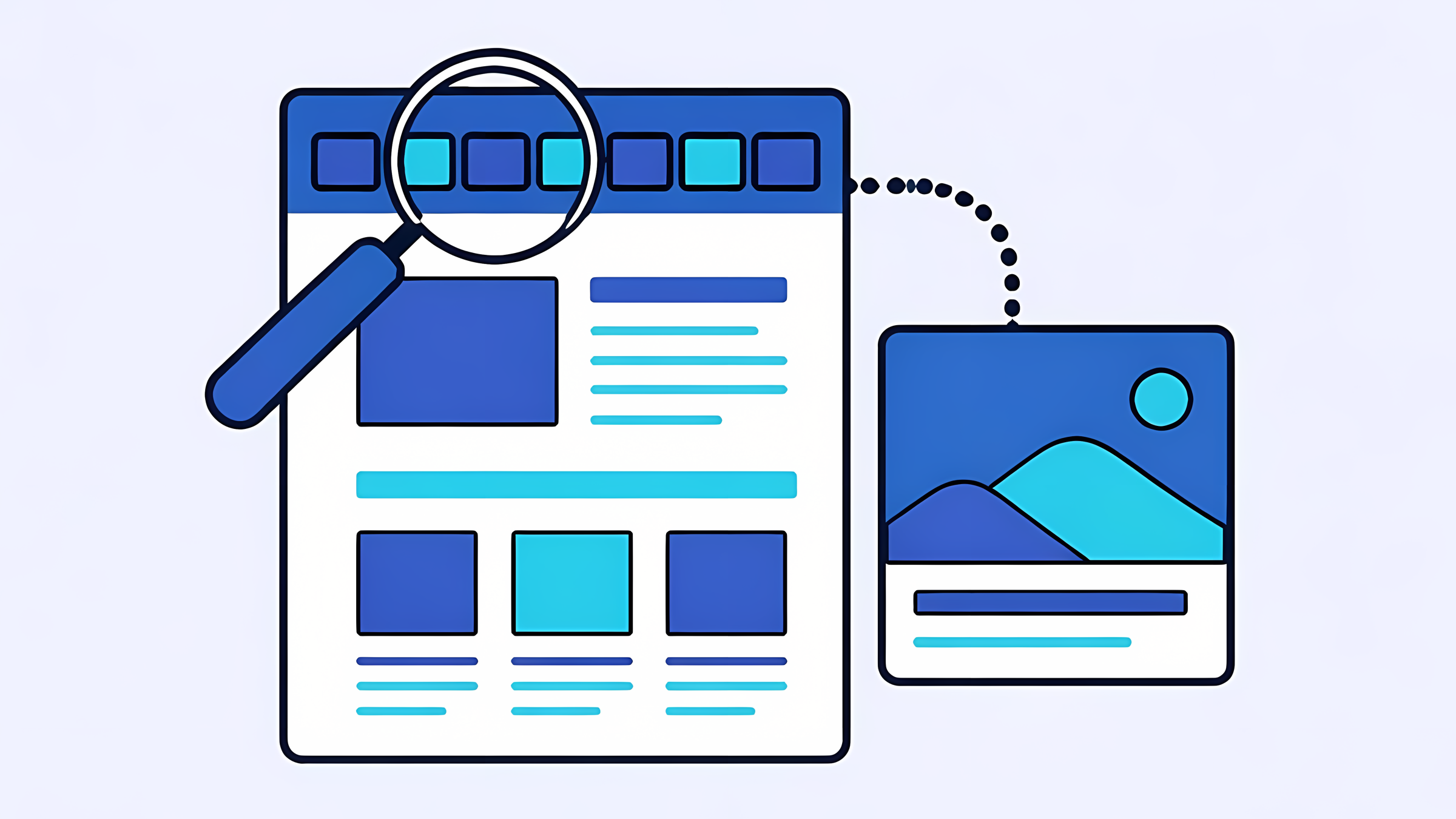 Illustration: a magnifying glass reads a page's head tags to build a link preview
