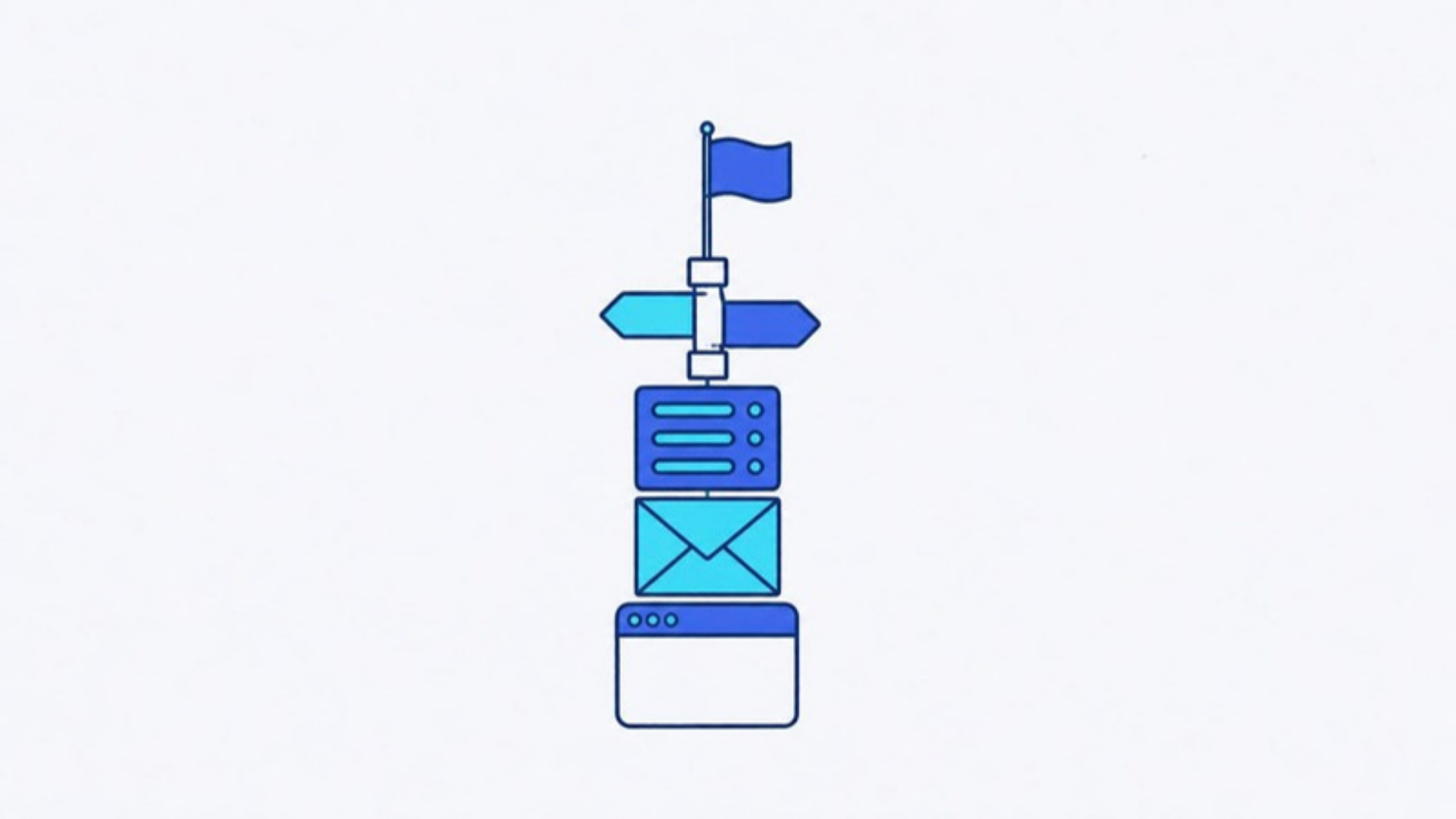Illustration: domain, DNS, server, email and site stacked in a tower on one line