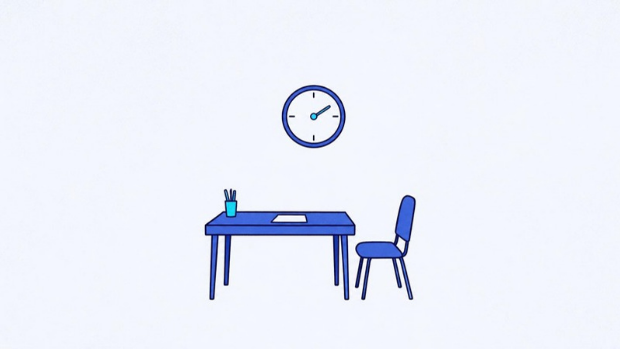 A page layout on a desk under a clock, with an empty chair opposite