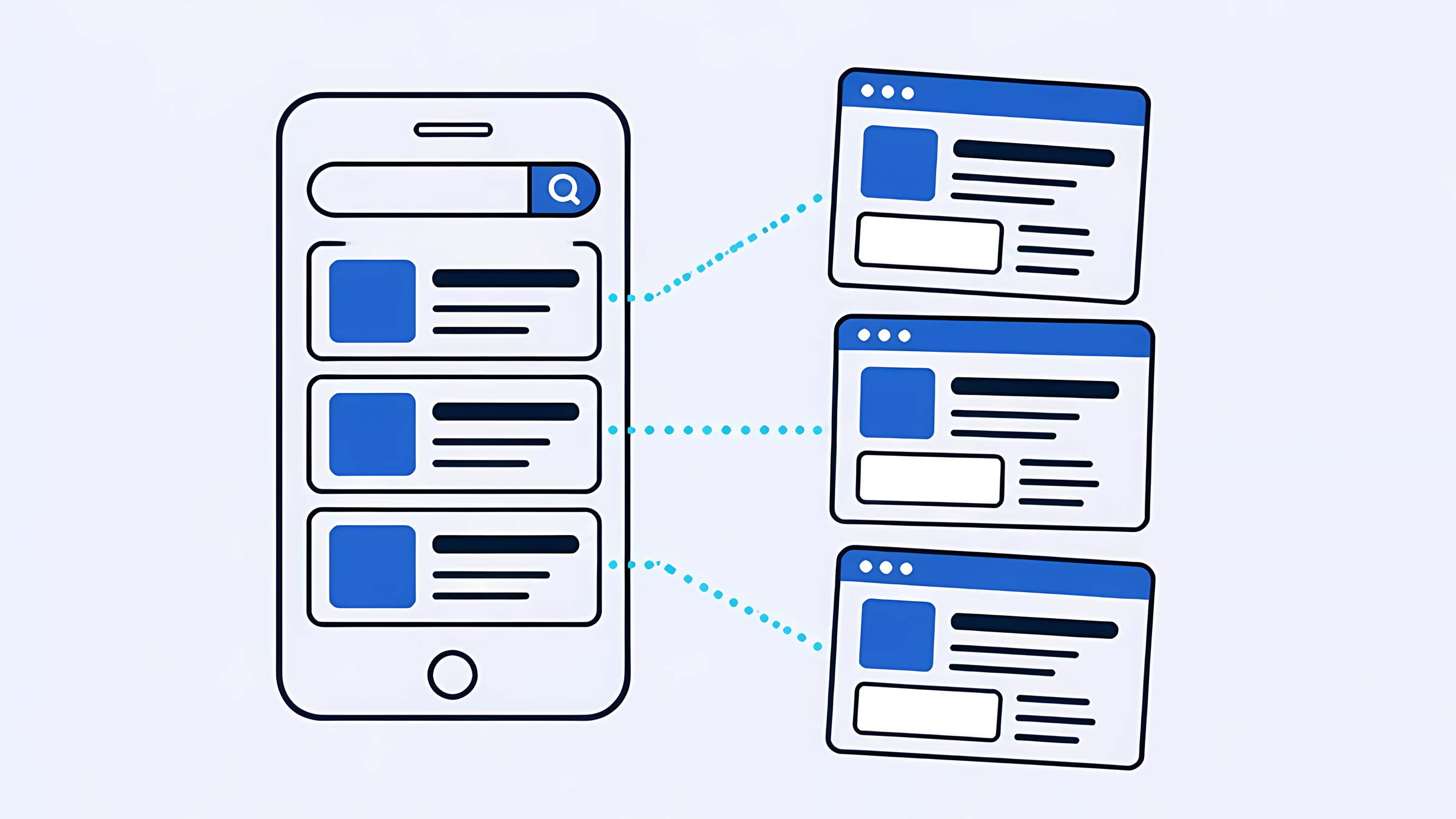 Illustration: a phone's search results, each leading to its own service page