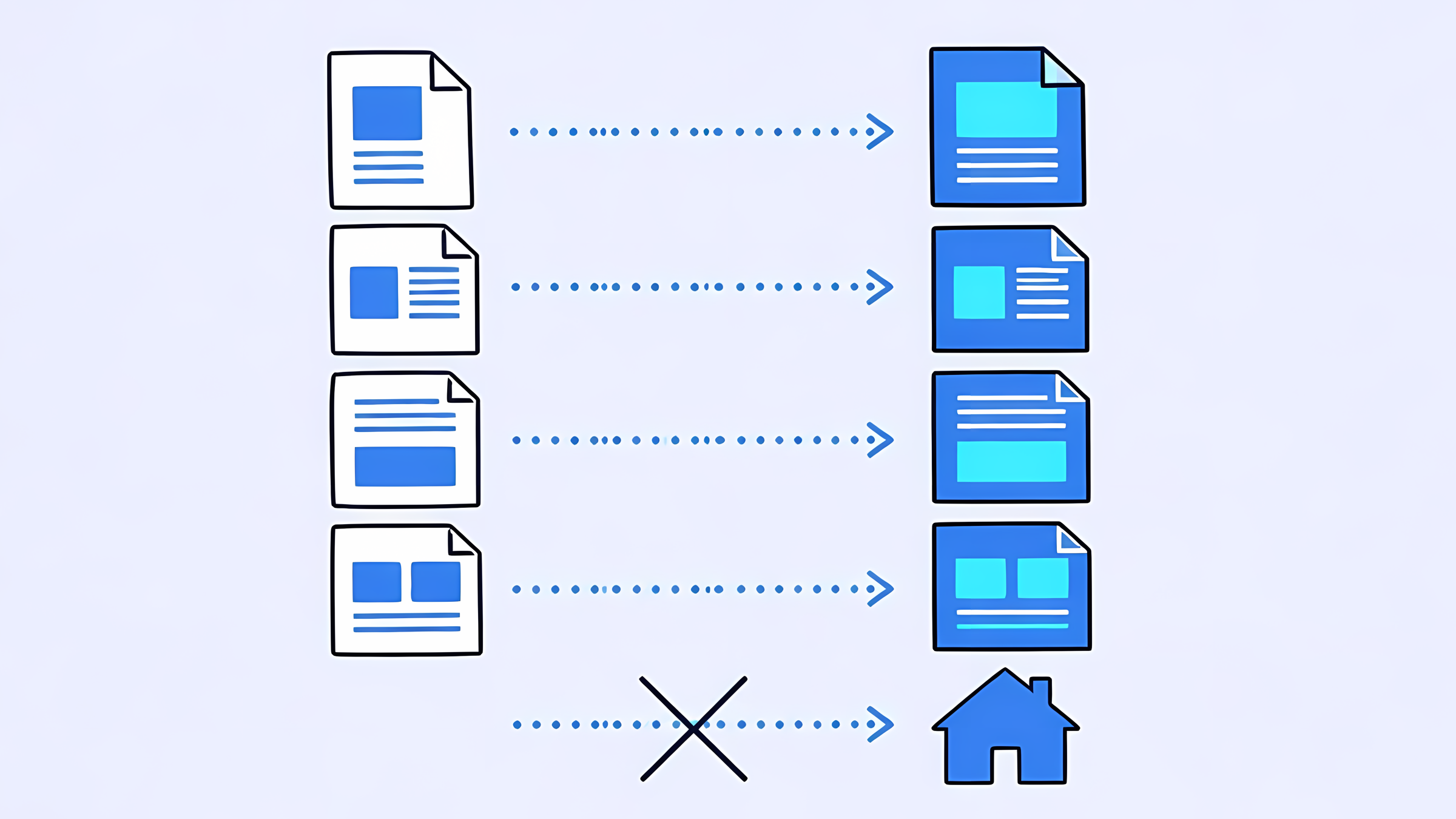 Illustration: old pages each mapped to one new page; an arrow to the homepage crossed out