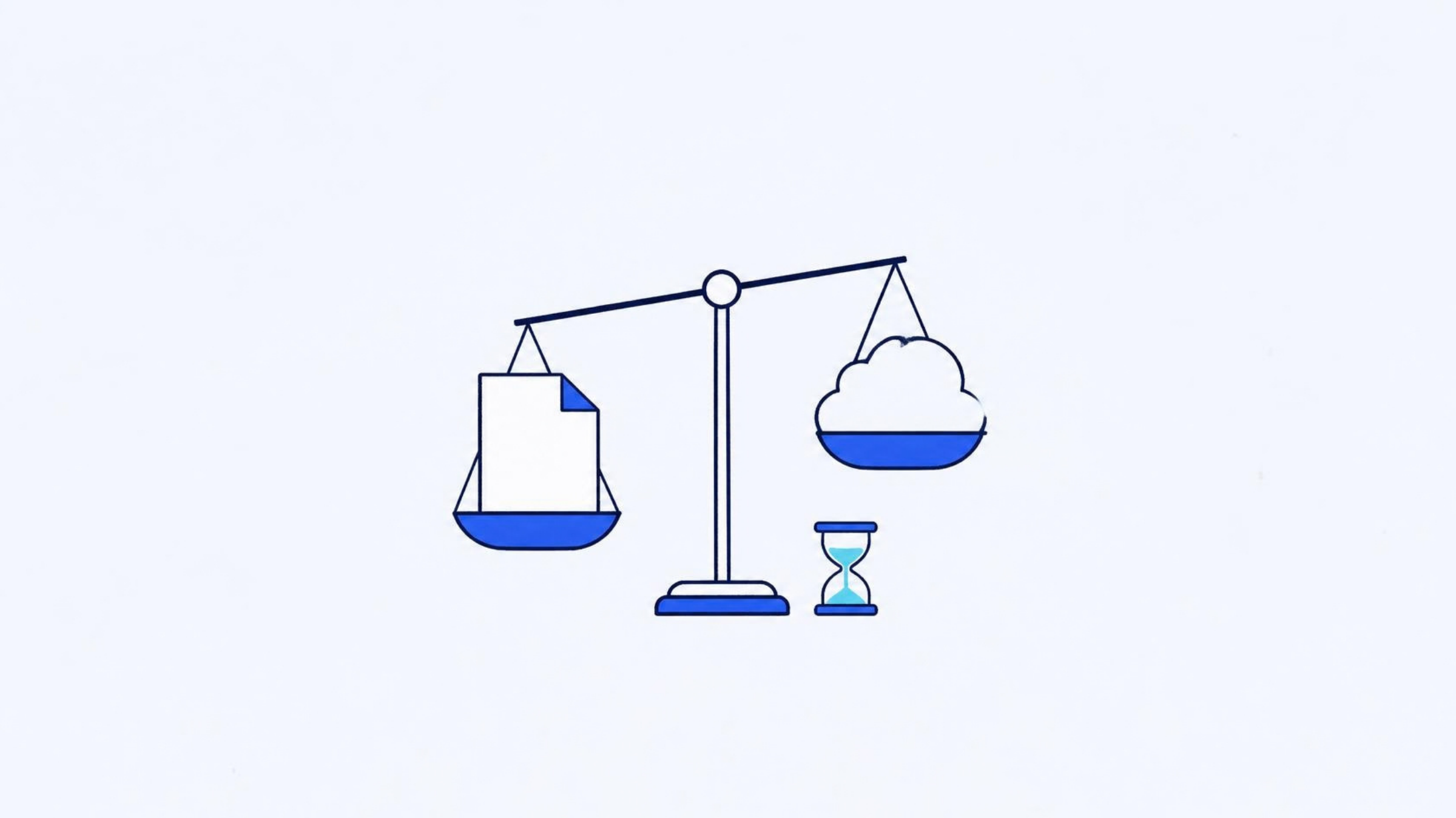 A balance scale weighing a sheet of paper against a cloud, an hourglass beside it