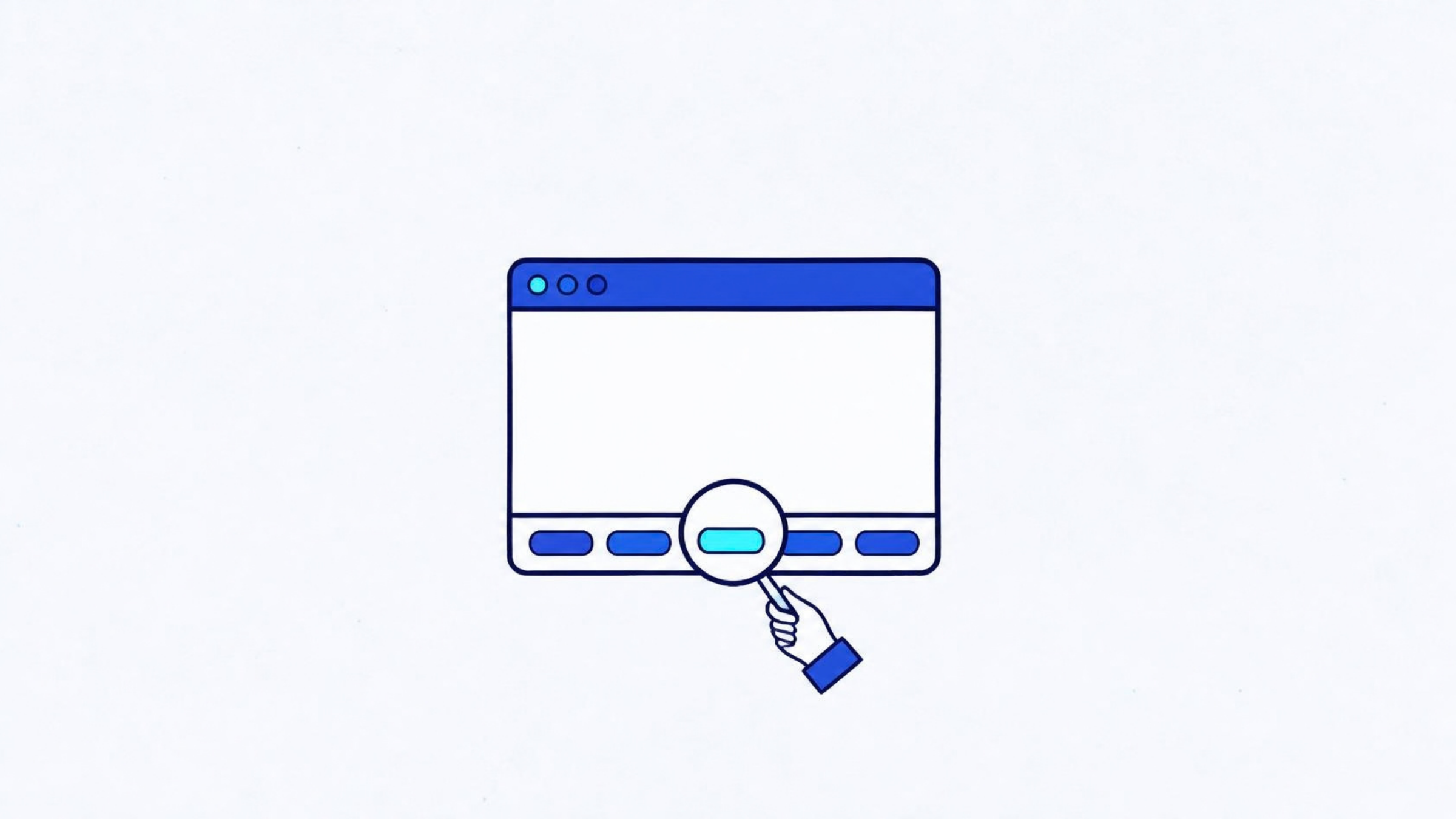 A browser window with a row of policy links along its footer, under a magnifying glass