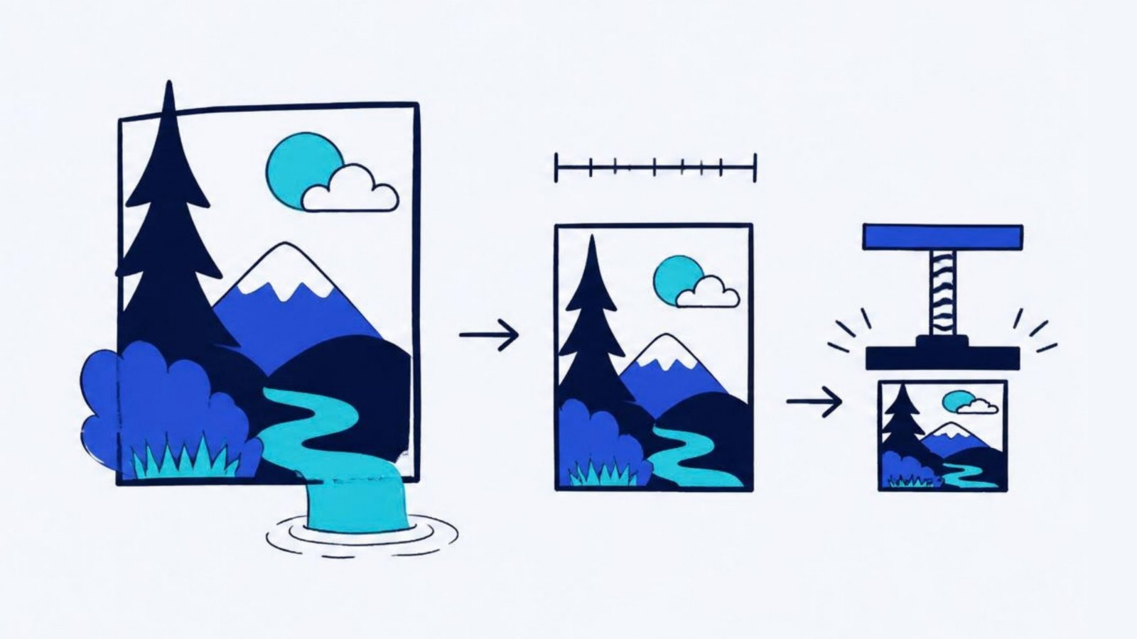 Illustration: three picture cards shrinking in sequence under a ruler and a press