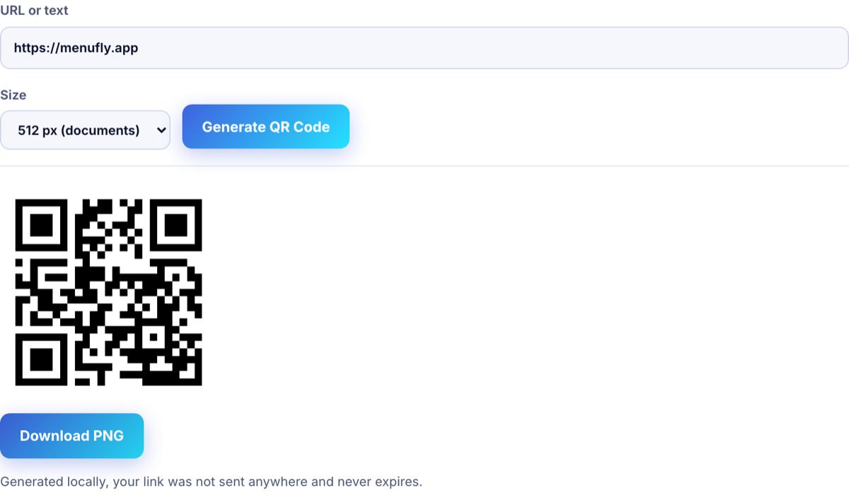 QR Code Generator creating a downloadable code that opens a restaurant menu link