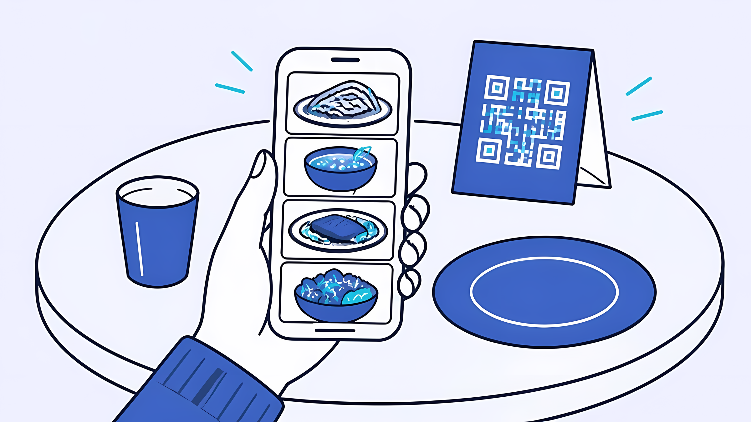 Illustration: a guest scans a table QR stand and scrolls dish photos on their phone