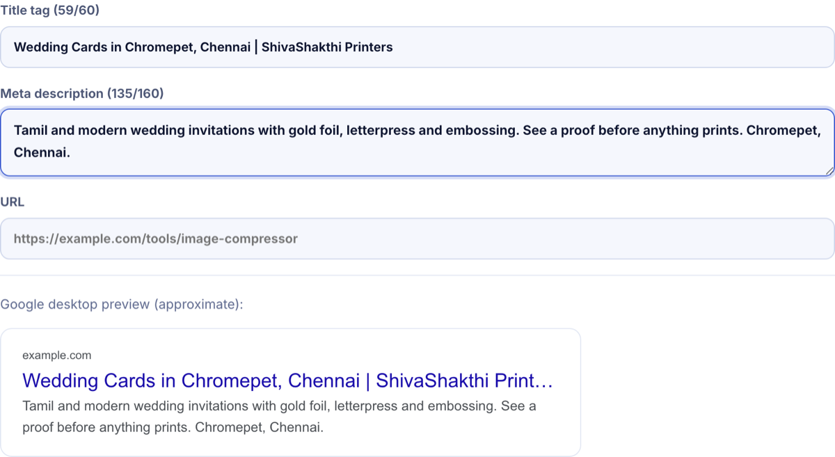 SERP Preview tool showing a wedding card shop title and description rendered as a Google result