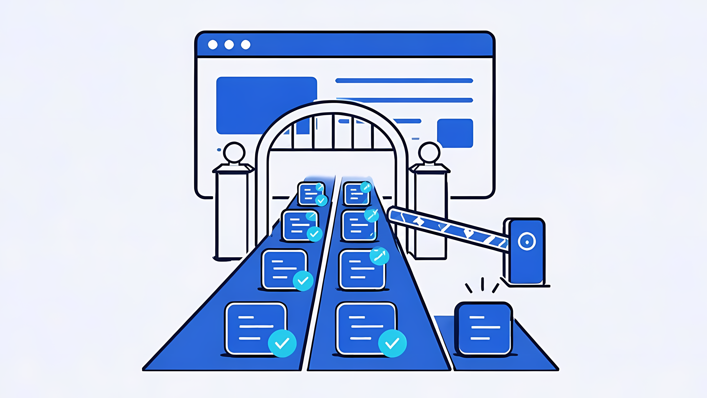 Illustration: a gate before a browser lets tagged scripts through and stops an untagged one