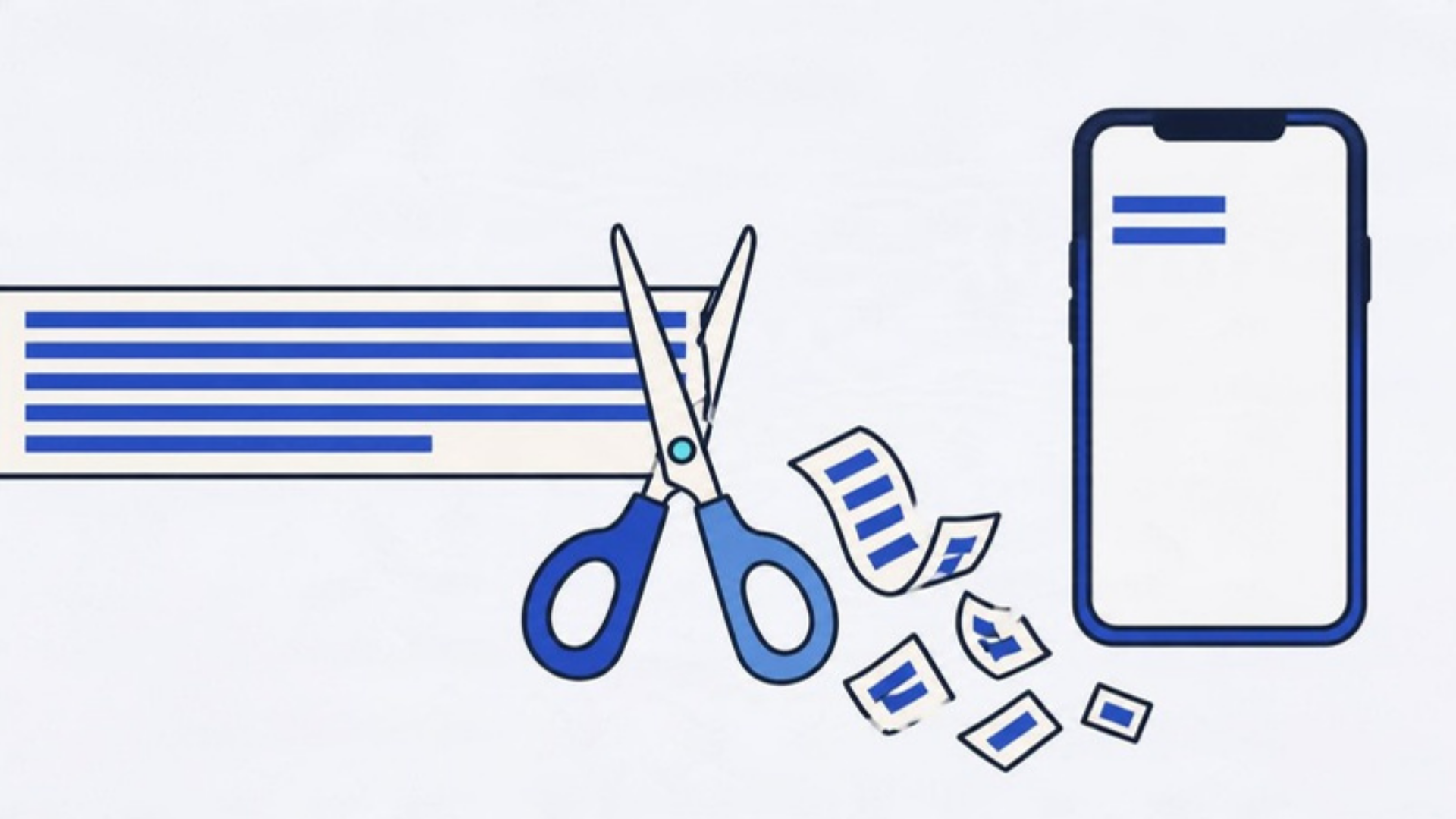 A paper message strip cut by scissors, the phone showing only its first two lines