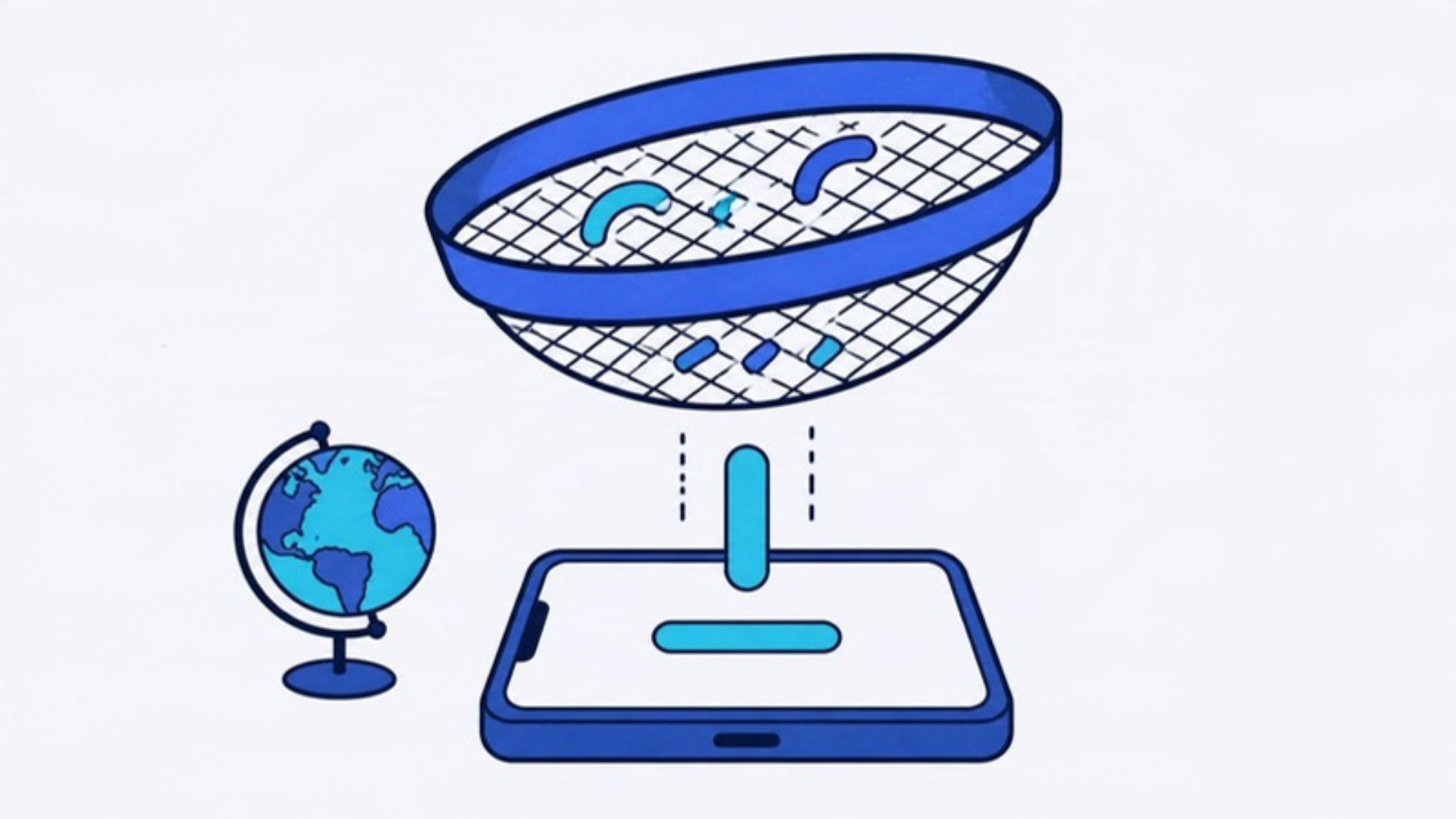 Brackets and dashes caught in a sieve while one clean sequence drops onto a phone