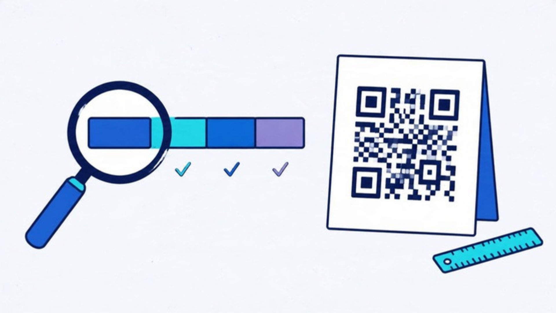 A magnifier over a link split into four checked parts, beside a printed code
